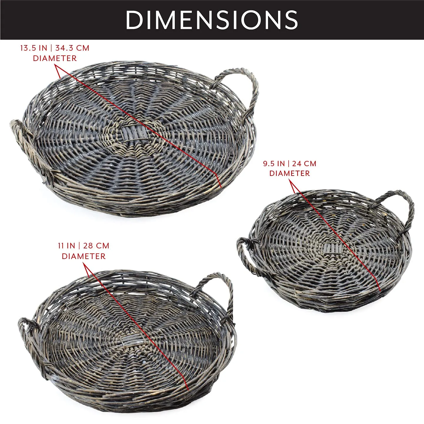 Rustic Willow Basket Trays, Set of 3 (Round, Gray, Case of 4)