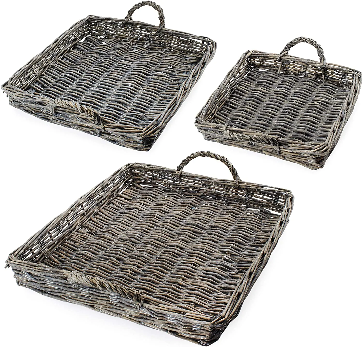 Rustic Willow Basket Trays (Square, Gray, Case of 4 Sets)