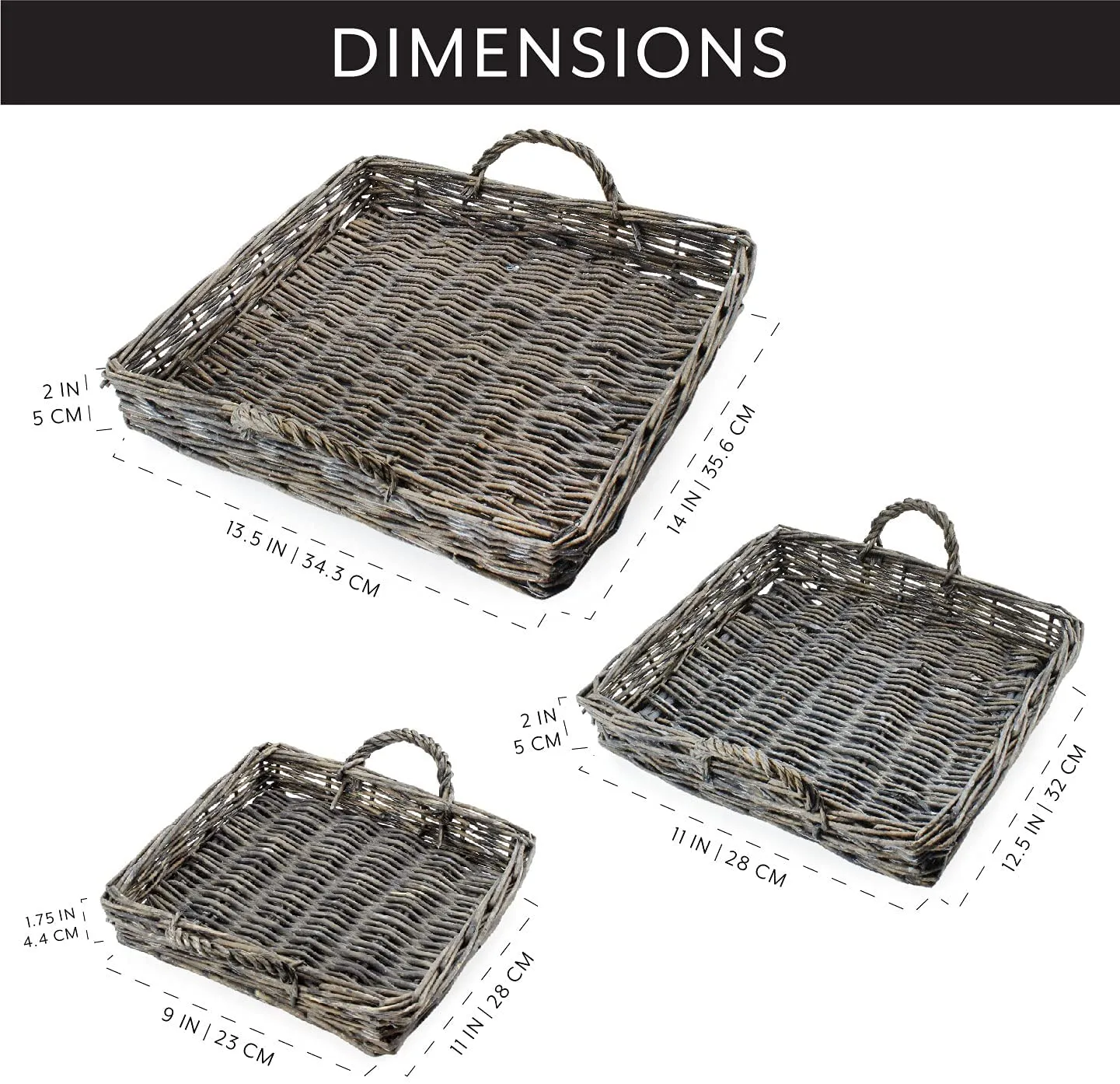 Rustic Willow Basket Trays (Square, Gray, Case of 4 Sets)