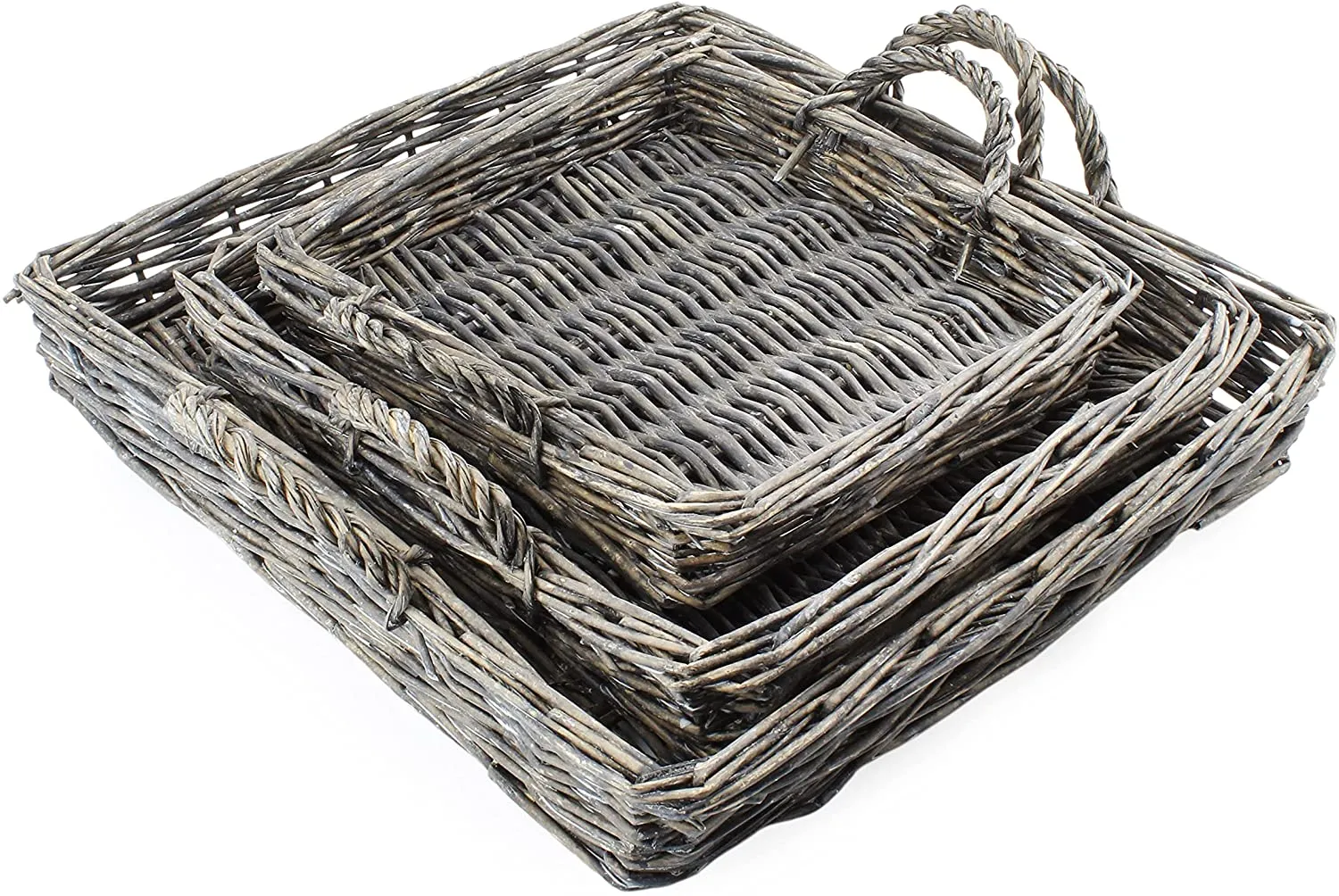 Rustic Willow Basket Trays (Square, Gray, Case of 4 Sets)