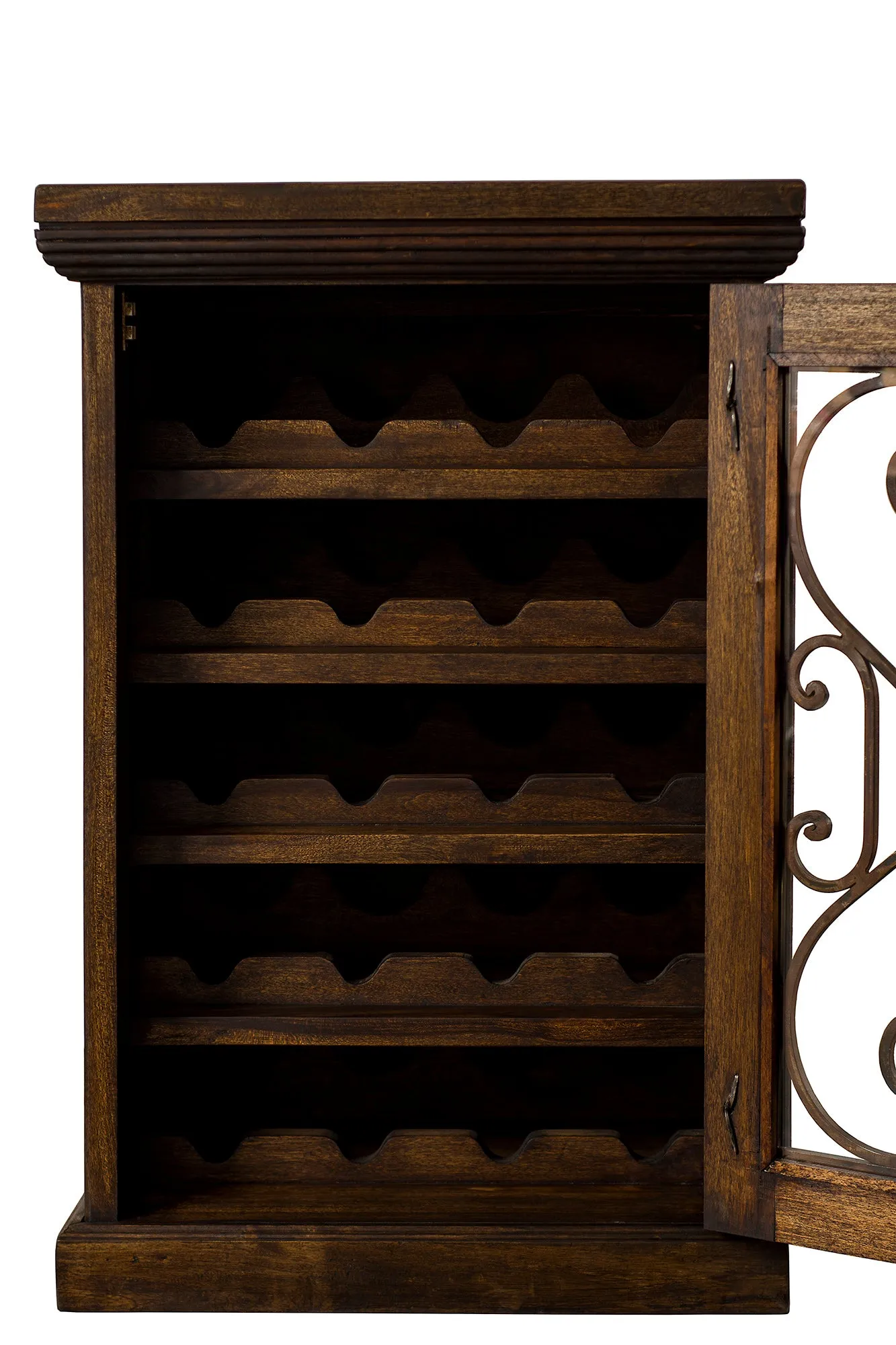 Rustic Wood Wine Floor Cabinet Forged Iron Details & Glass Door  35-in H - FWW 0002
