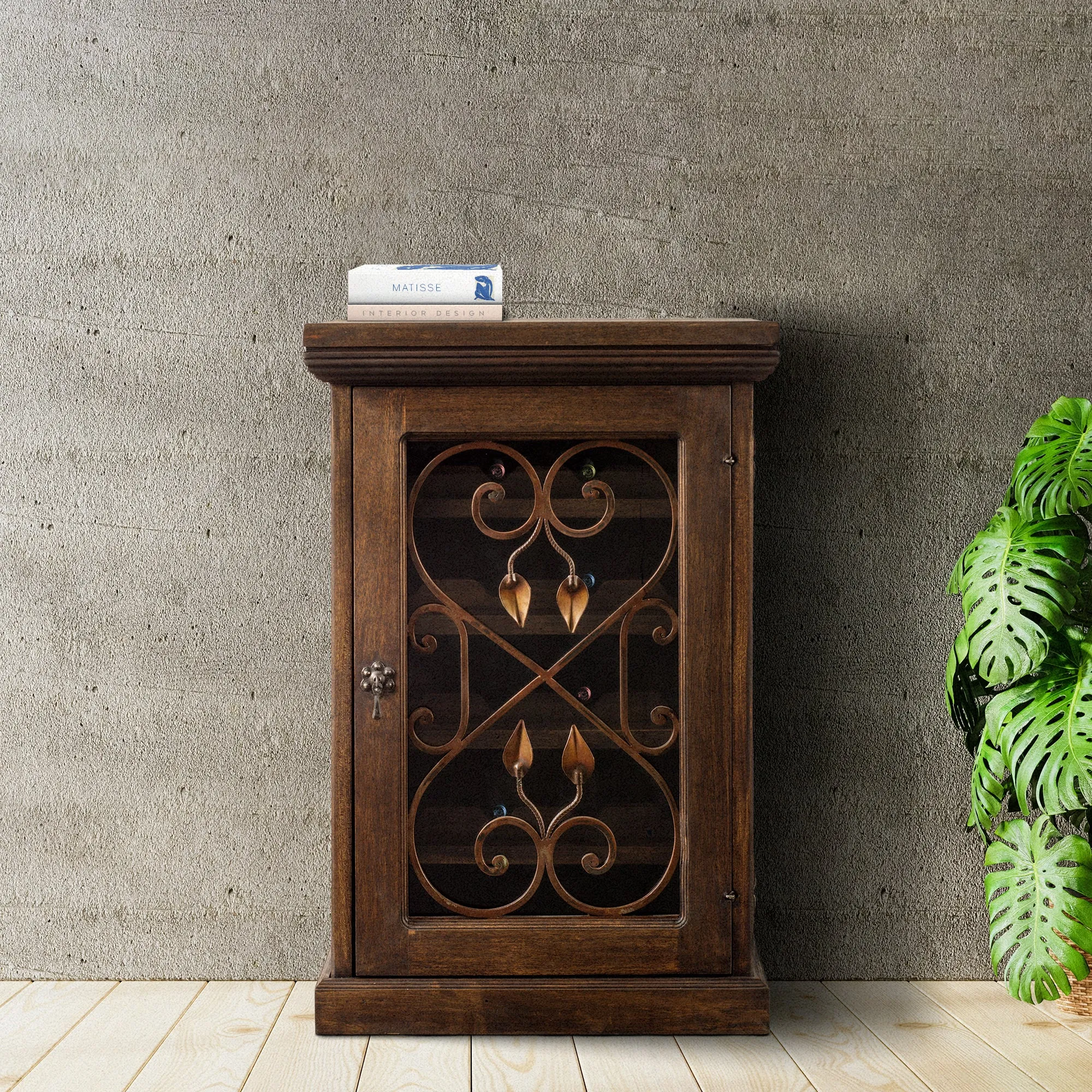 Rustic Wood Wine Floor Cabinet Forged Iron Details & Glass Door  35-in H - FWW 0002