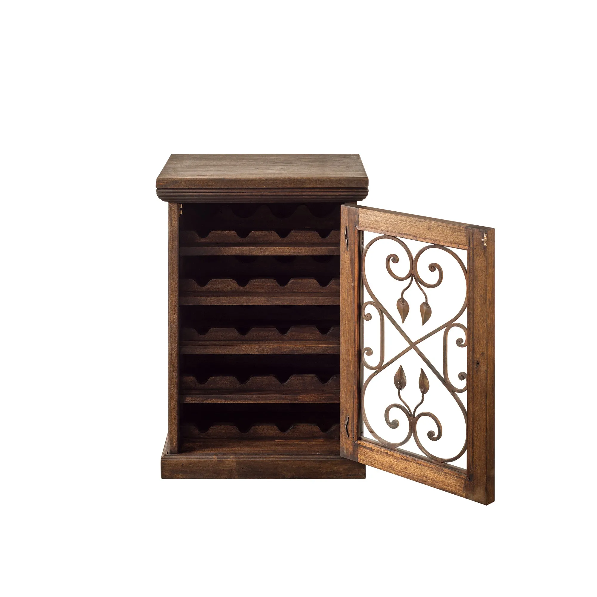 Rustic Wood Wine Floor Cabinet Forged Iron Details & Glass Door  35-in H - FWW 0002