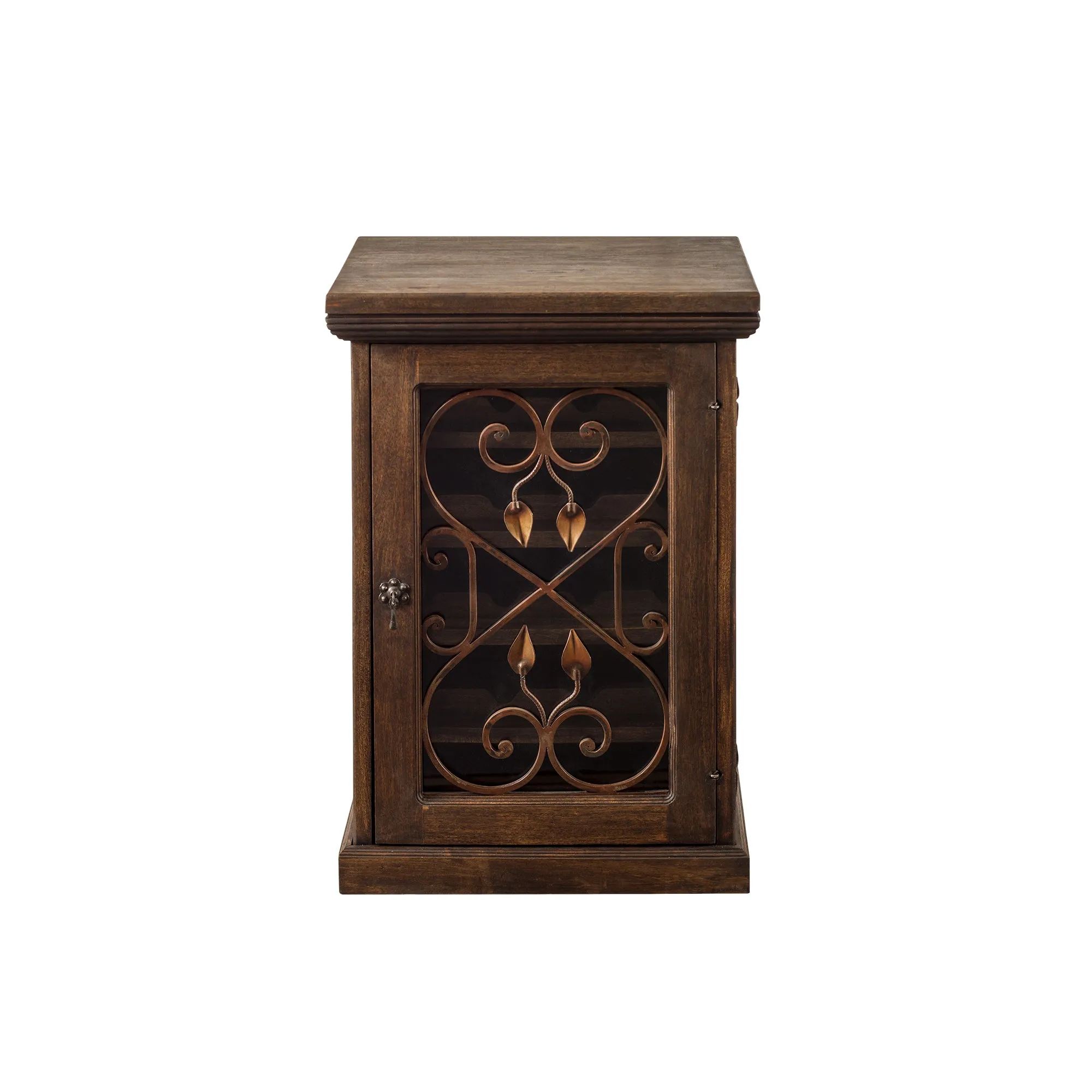 Rustic Wood Wine Floor Cabinet Forged Iron Details & Glass Door  35-in H - FWW 0002