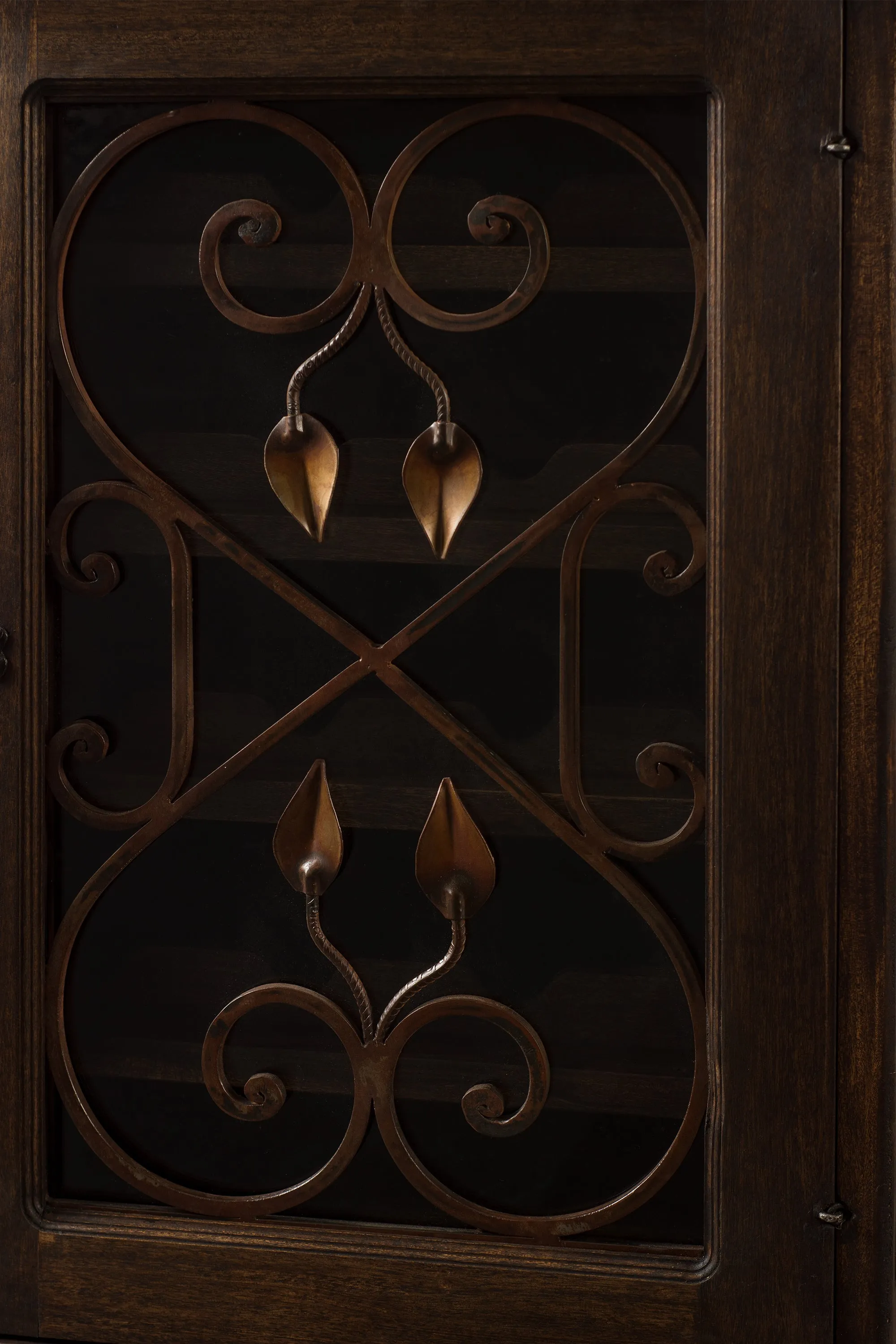 Rustic Wood Wine Floor Cabinet Forged Iron Details & Glass Door  35-in H - FWW 0002