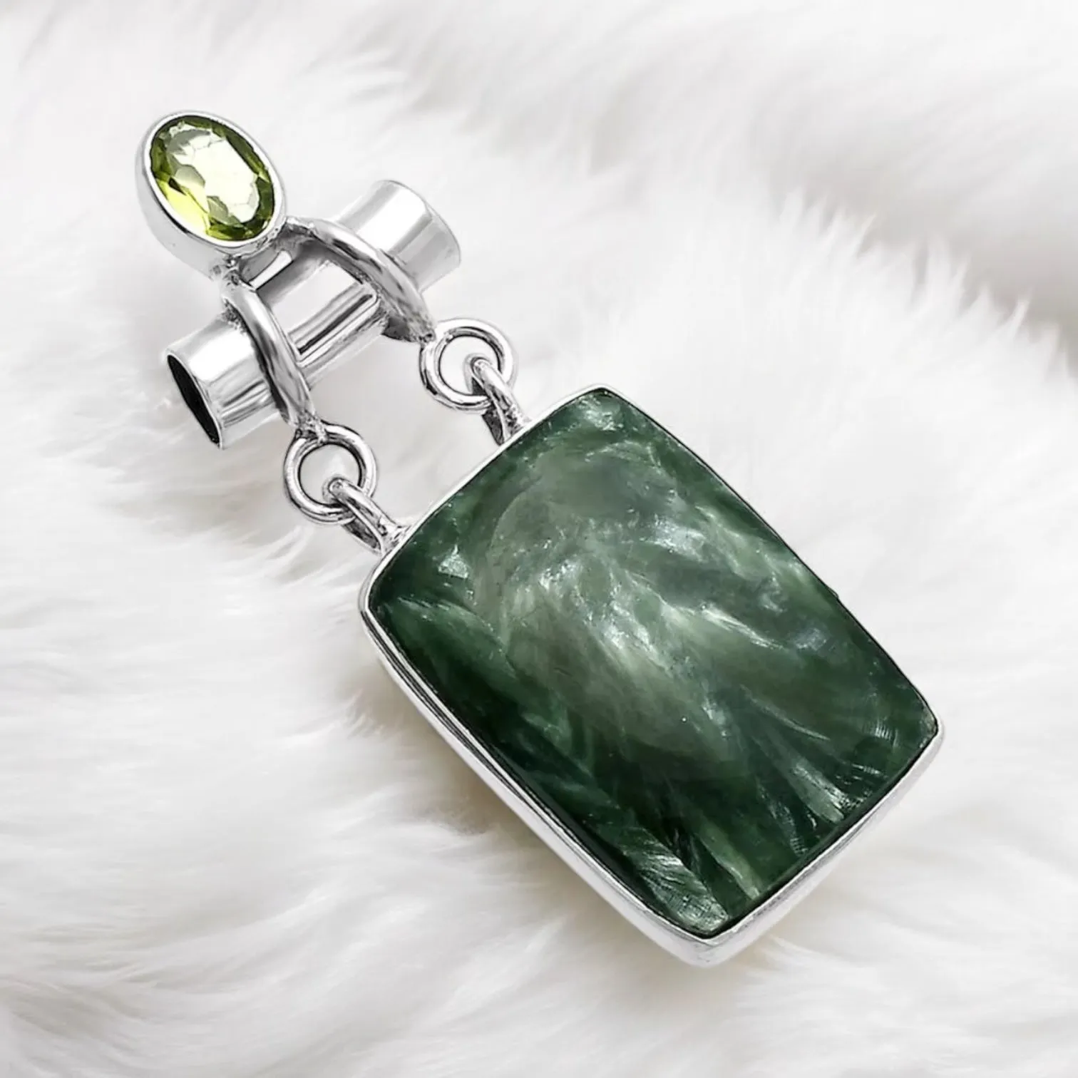 Seraphinite & Peridot Solid 925 Sterling Silver Pendant