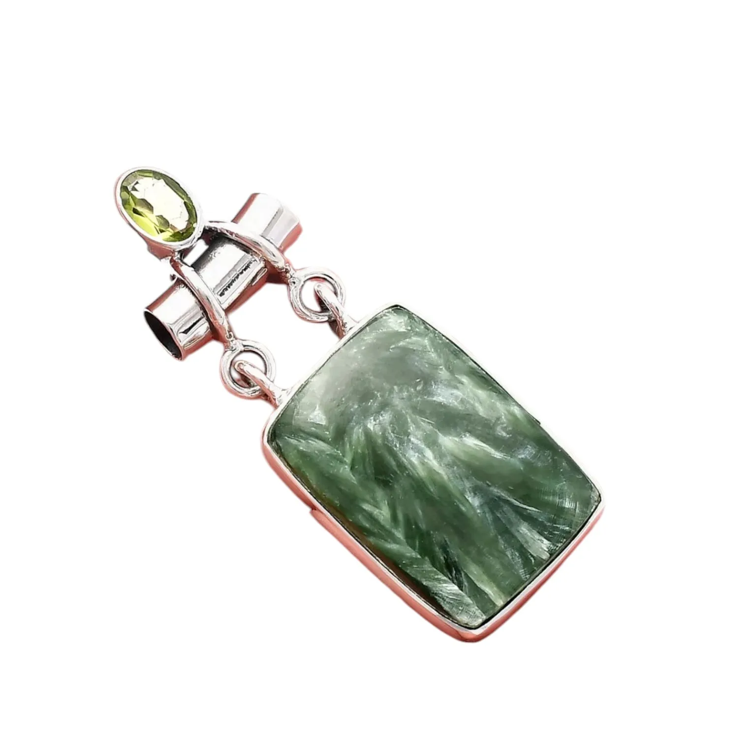 Seraphinite & Peridot Solid 925 Sterling Silver Pendant