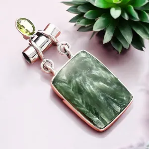 Seraphinite & Peridot Solid 925 Sterling Silver Pendant