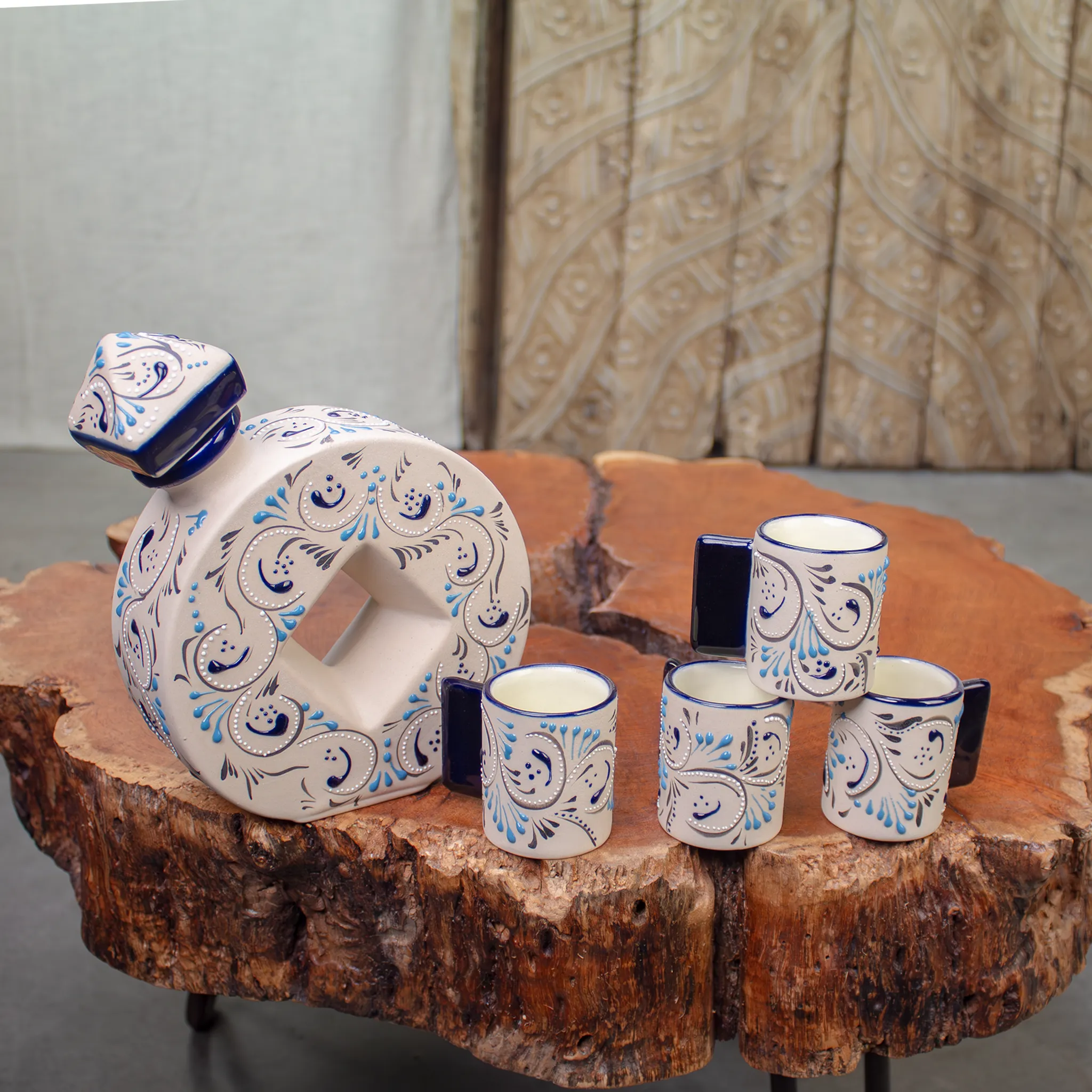 Serving Set Stoneware Decanter and Shooter, Azules Edition.