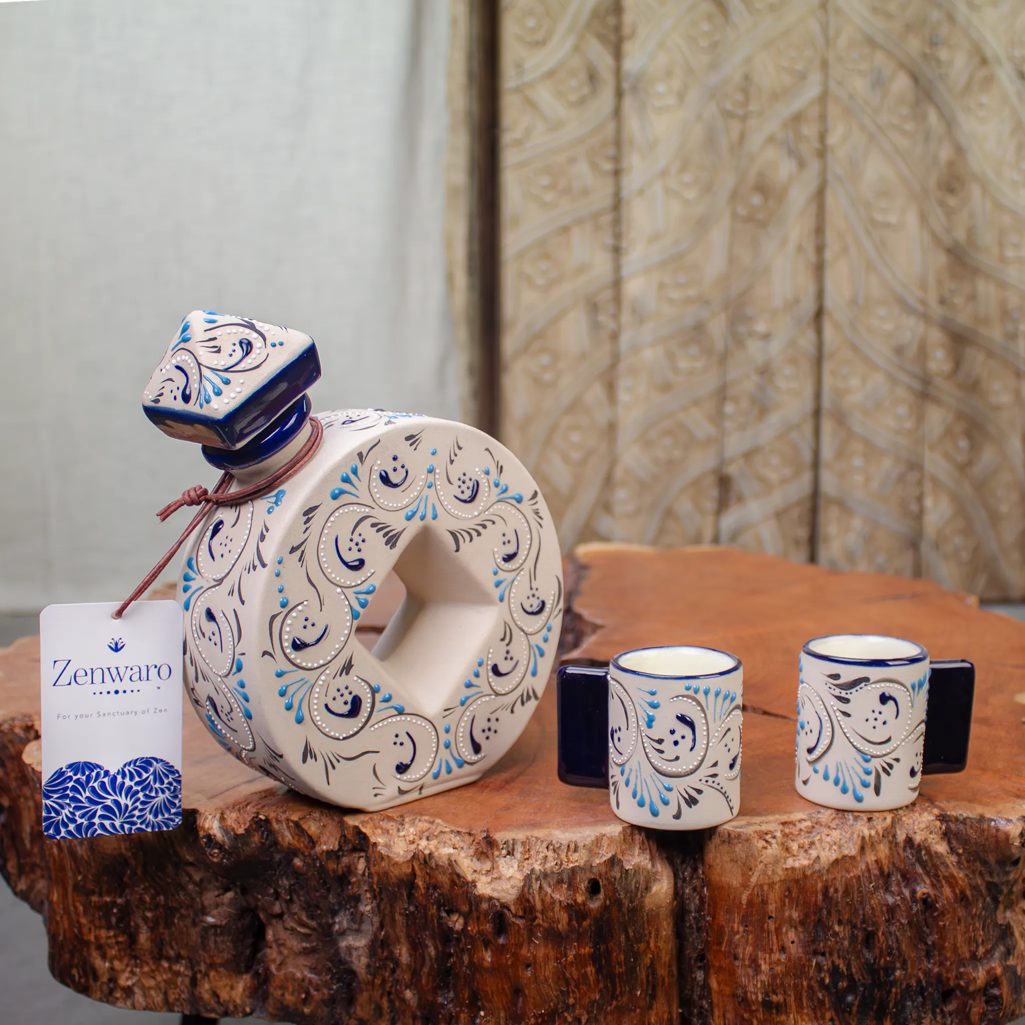 Serving Set Stoneware Decanter and Shooter, Azules Edition.