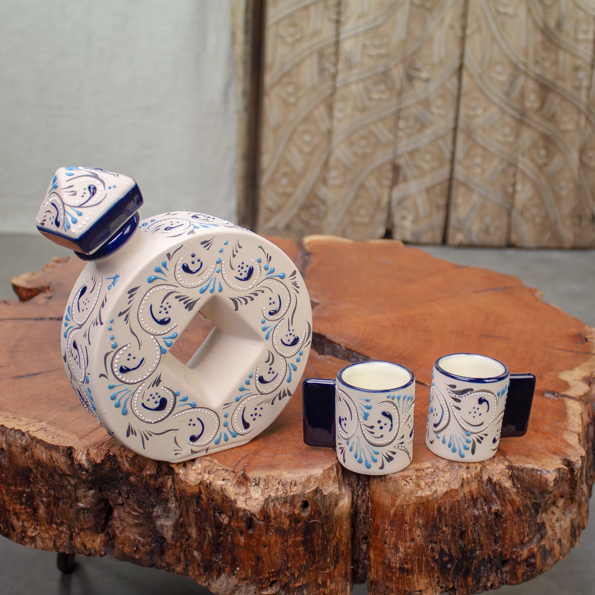 Serving Set Stoneware Decanter and Shooter, Azules Edition.