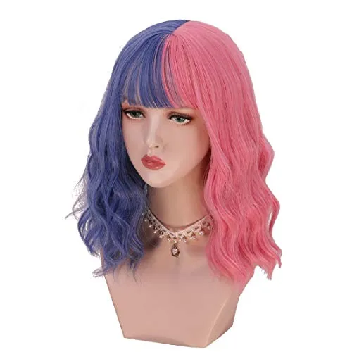 Short Bob Half Pink Half Blue Wigs For Women DragQueen