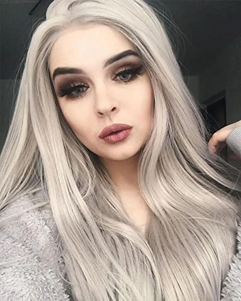 Silver Gray Long Natural Straight Lace Front Wig