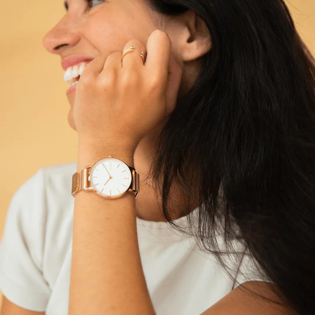 Solar Watch with White & Rose Gold Dial | Blue Mesh Strap