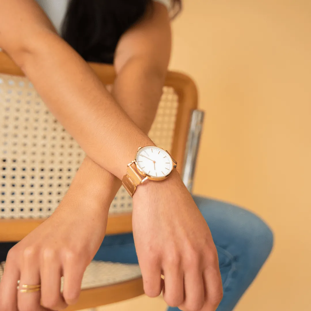 Solar Watch with White & Rose Gold Dial | Blue Mesh Strap