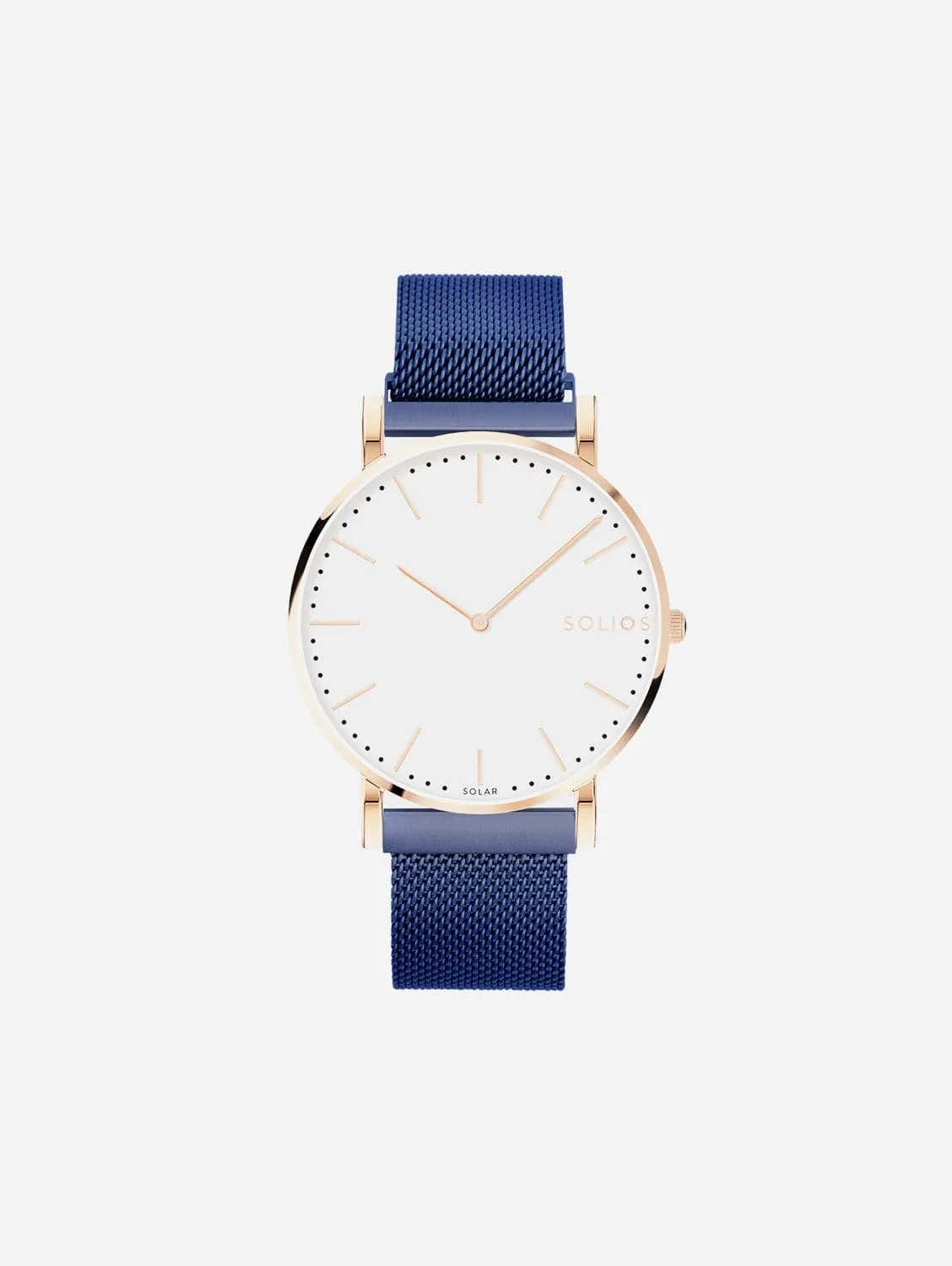 Solar Watch with White & Rose Gold Dial | Blue Mesh Strap