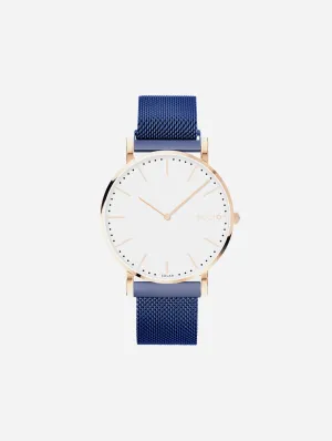 Solar Watch with White & Rose Gold Dial | Blue Mesh Strap