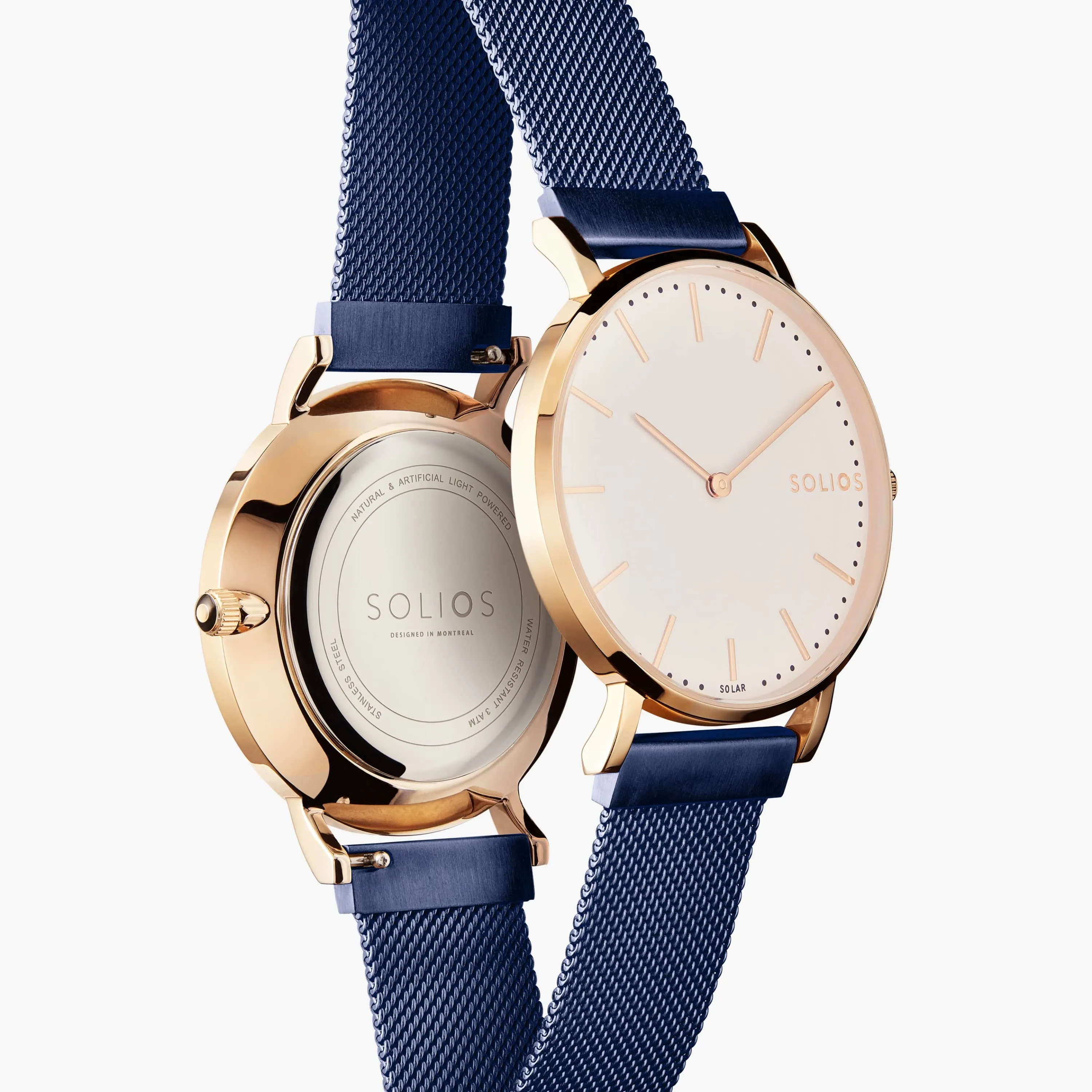 Solar Watch with White & Rose Gold Dial | Blue Mesh Strap
