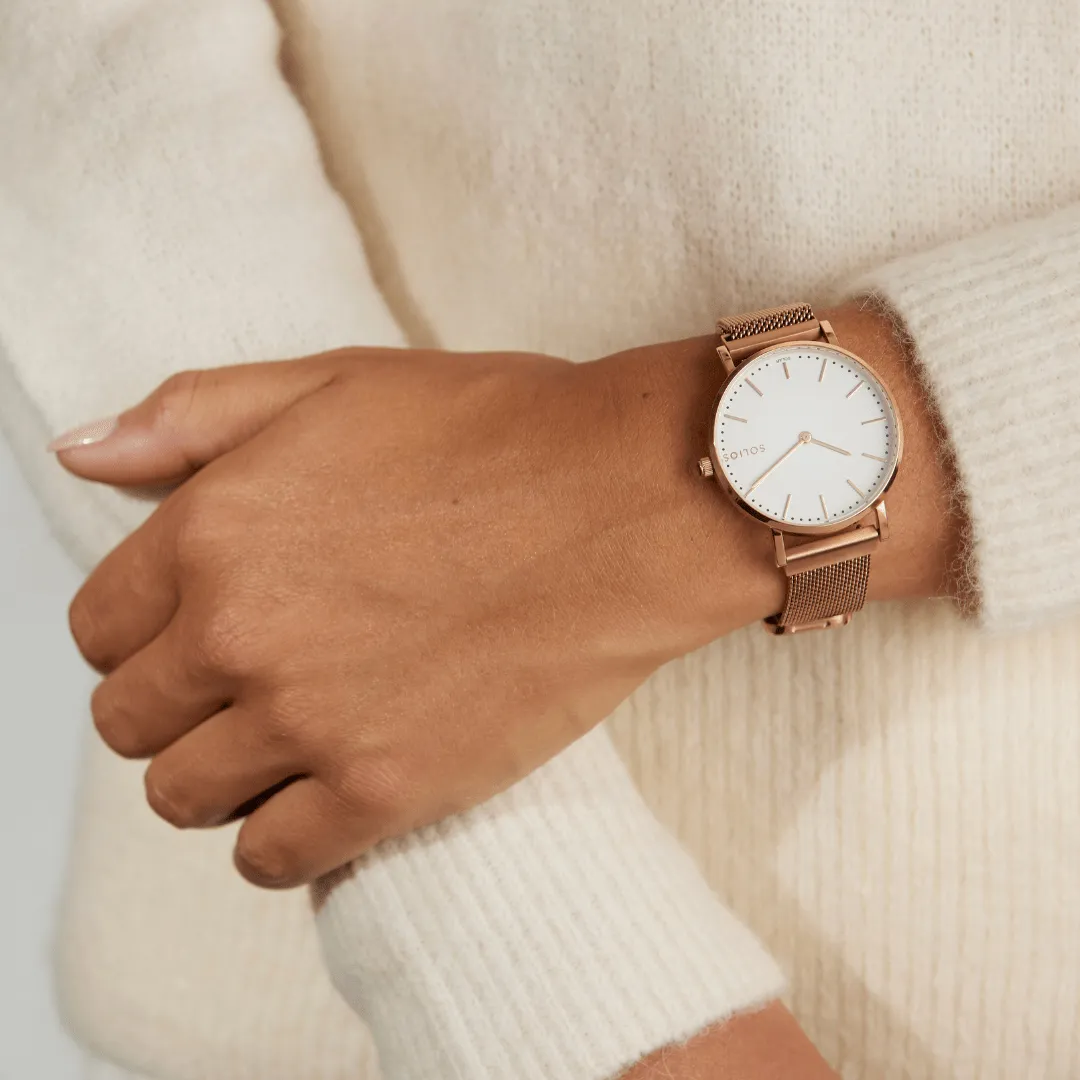 Solar Watch with White & Rose Gold Dial | Blue Mesh Strap