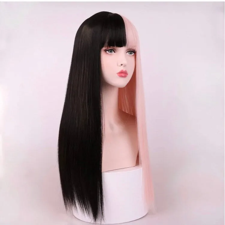 SPILT DYE Half Black Half Pink Long Straight Wigs