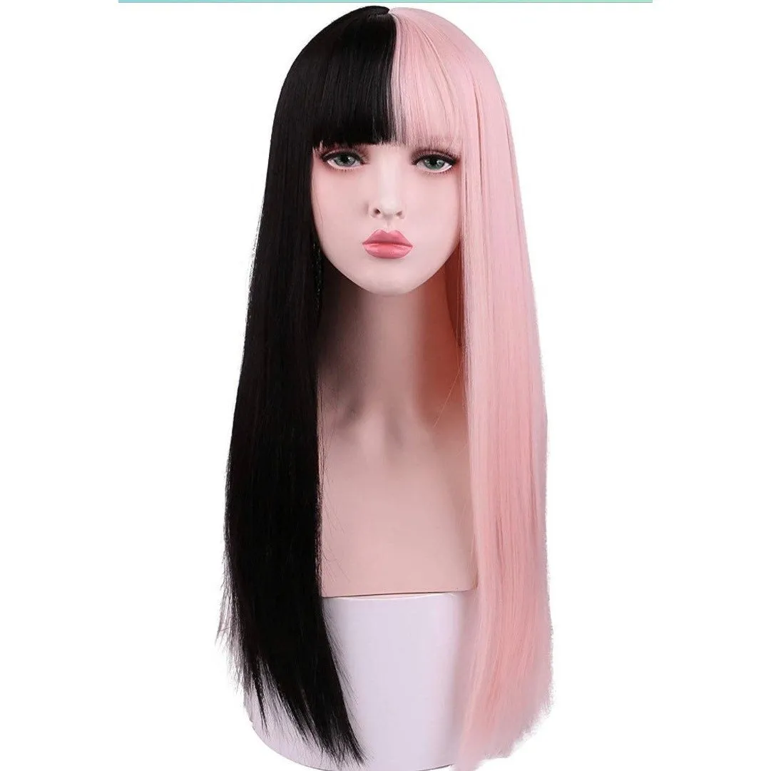 SPILT DYE Half Black Half Pink Long Straight Wigs
