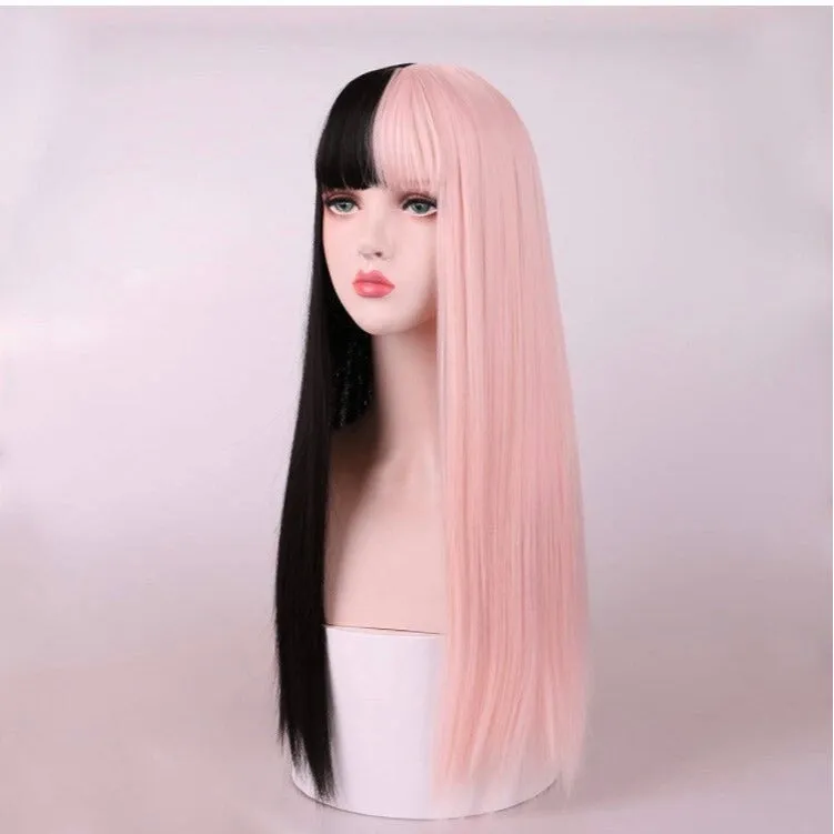 SPILT DYE Half Black Half Pink Long Straight Wigs