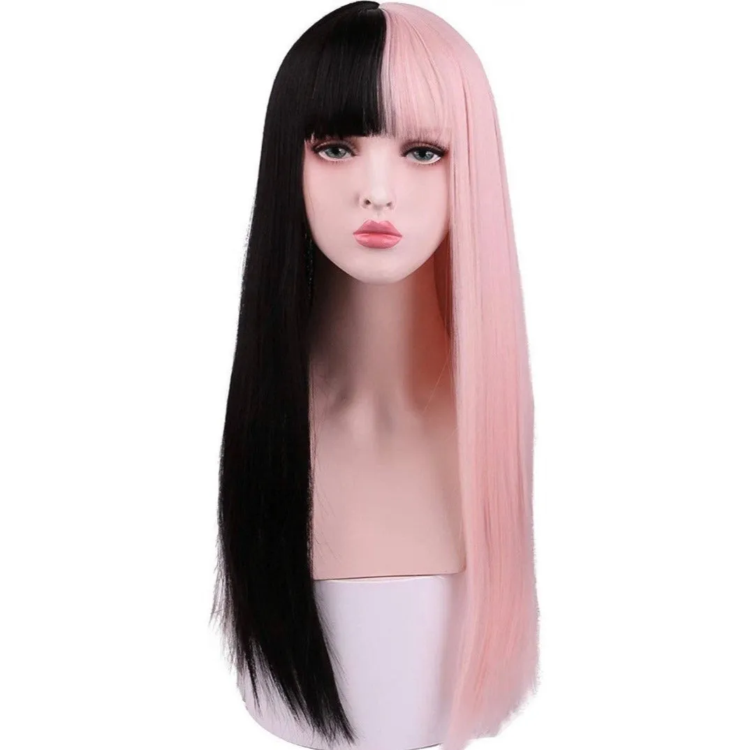 SPILT DYE Half Black Half Pink Long Straight Wigs