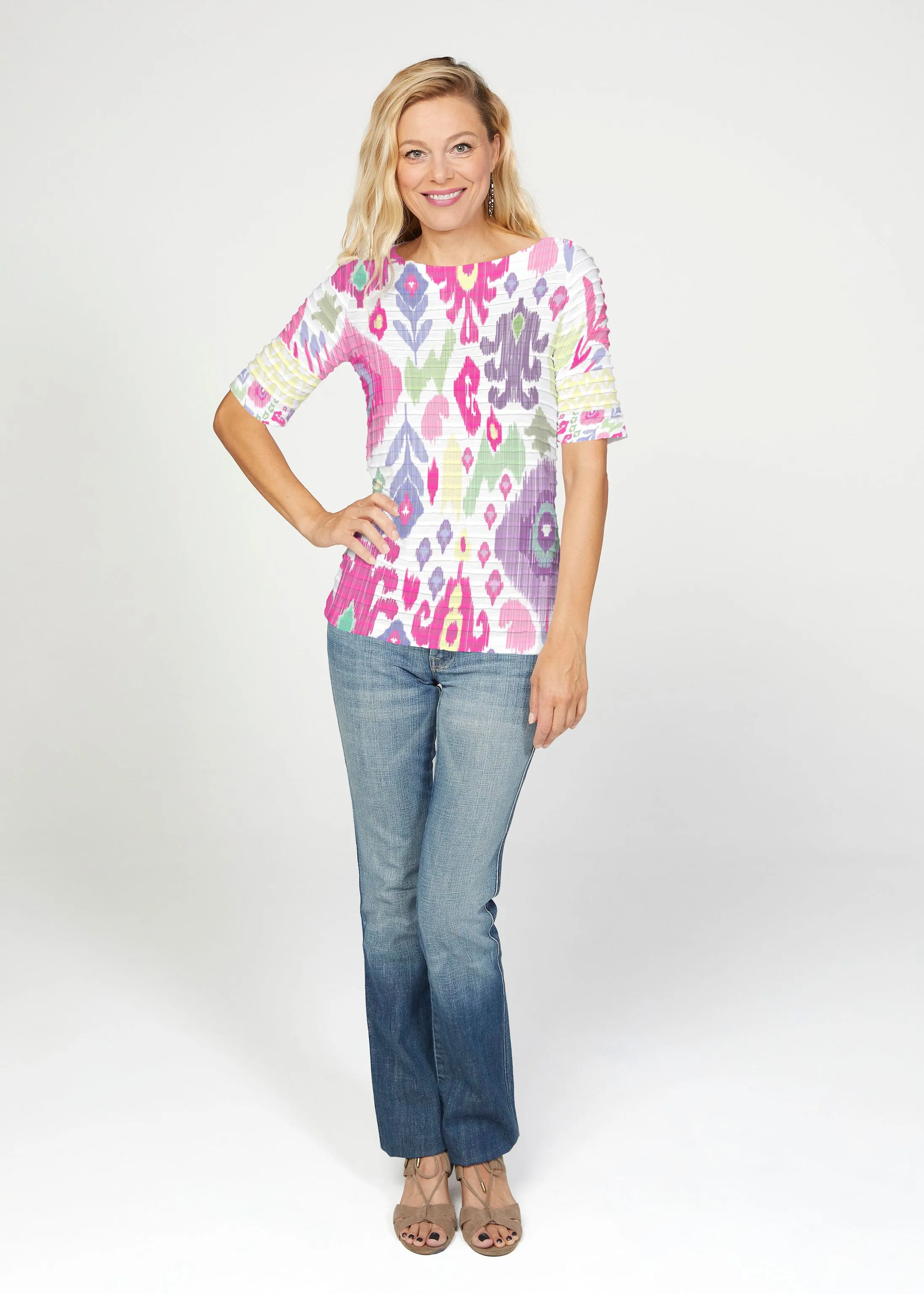 Spring Pastel (8155) ~ Banded Elbow Sleeve Boat Neck Top