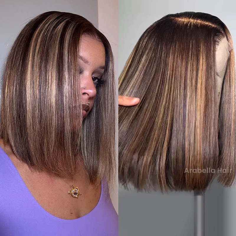 Straight Short Bob Wigs Glueless 6x5 Lace Mix Color Human Hair Middle Part