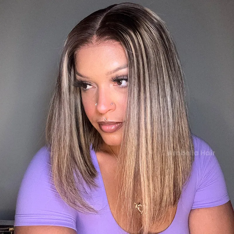 Straight Short Bob Wigs Glueless 6x5 Lace Mix Color Human Hair Middle Part