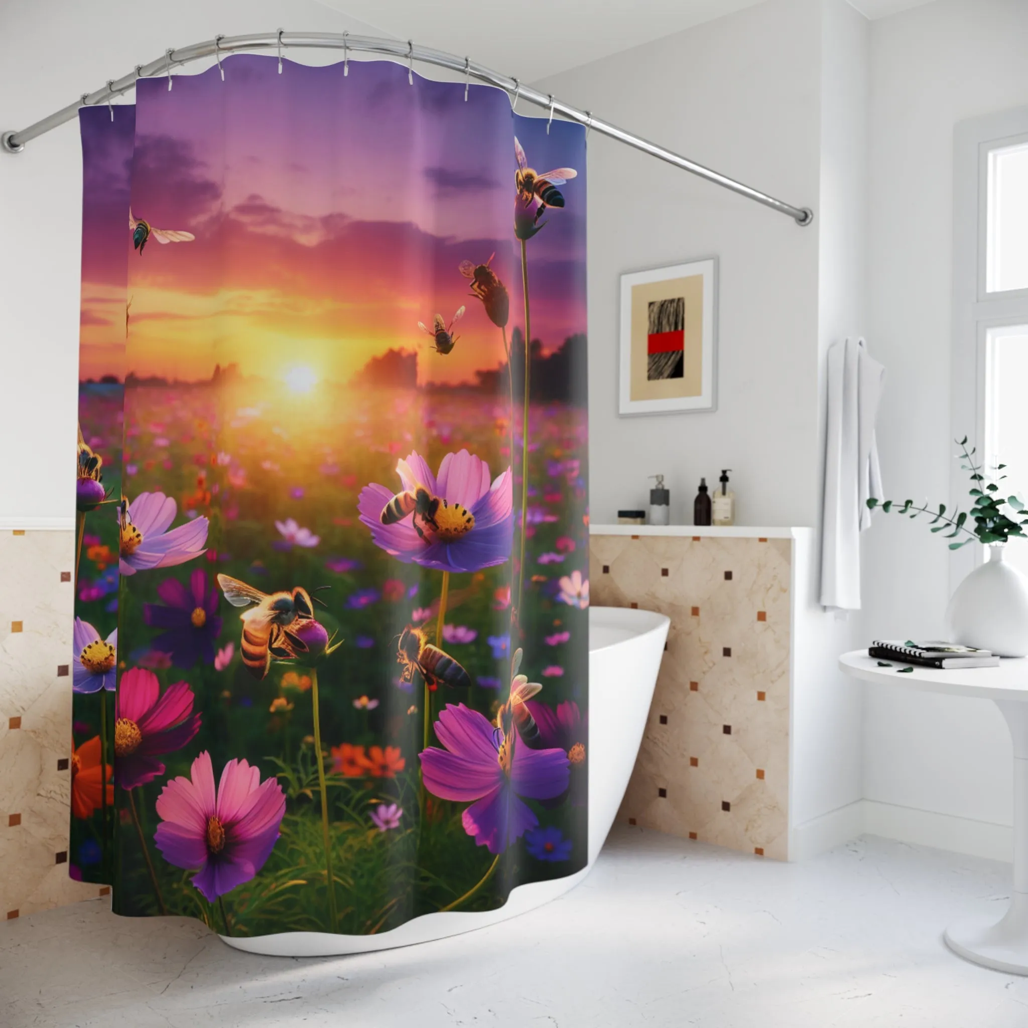 Sunset Blooming Flower Shower Curtain - Vibrant Floral Design with Bees