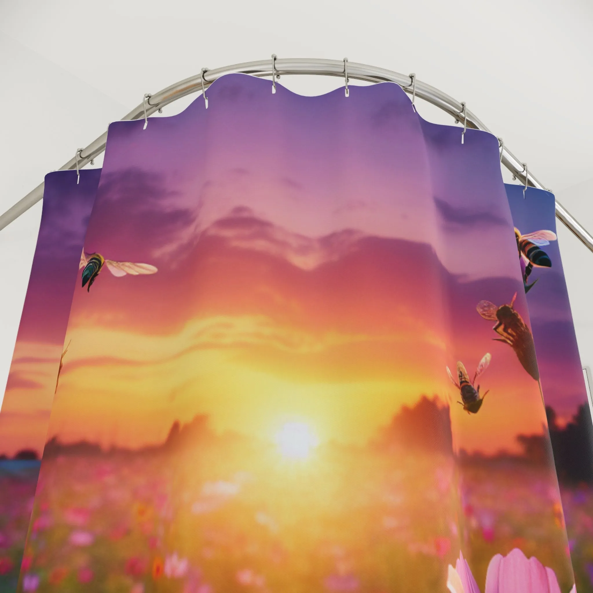 Sunset Blooming Flower Shower Curtain - Vibrant Floral Design with Bees
