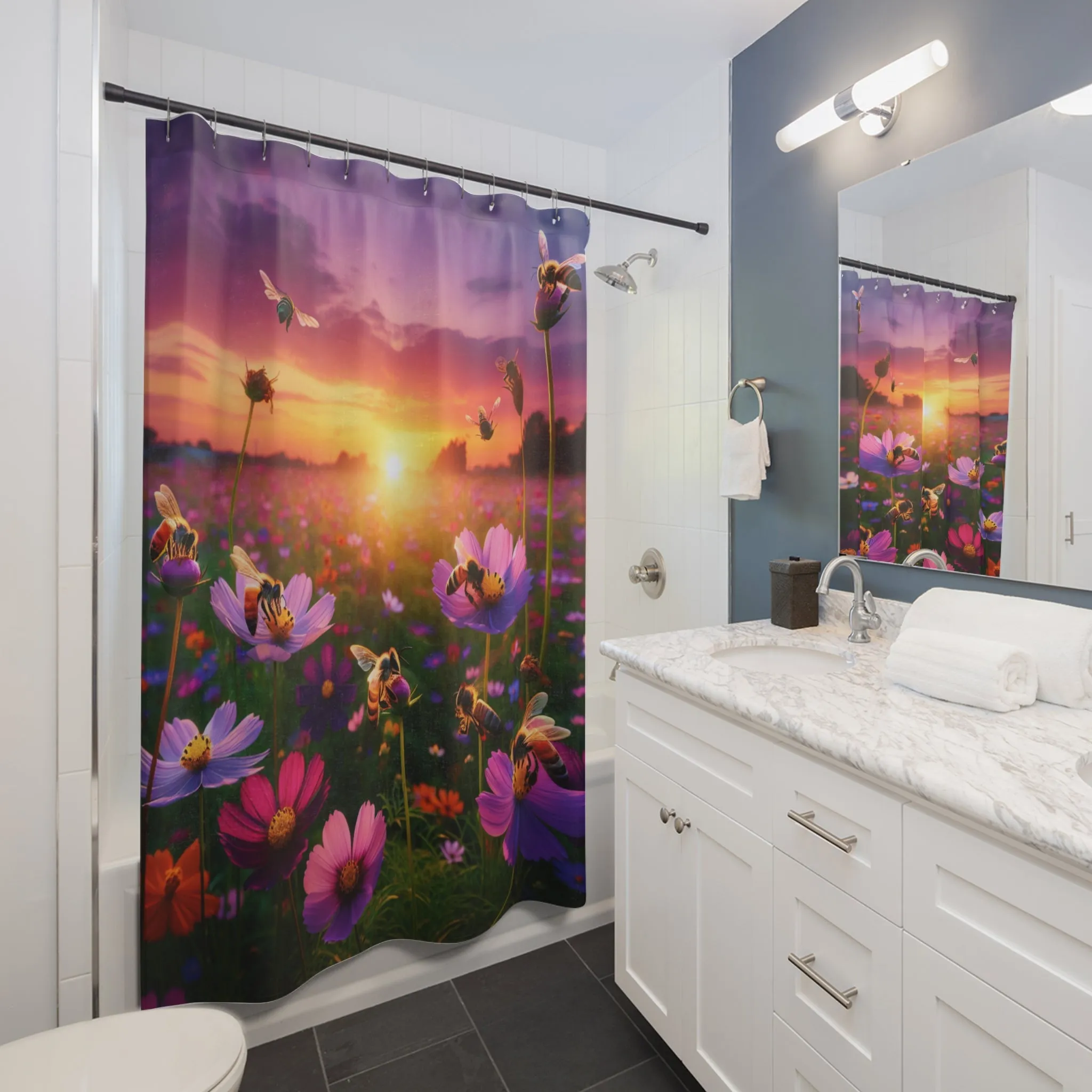 Sunset Blooming Flower Shower Curtain - Vibrant Floral Design with Bees