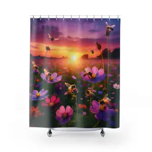 Sunset Blooming Flower Shower Curtain - Vibrant Floral Design with Bees