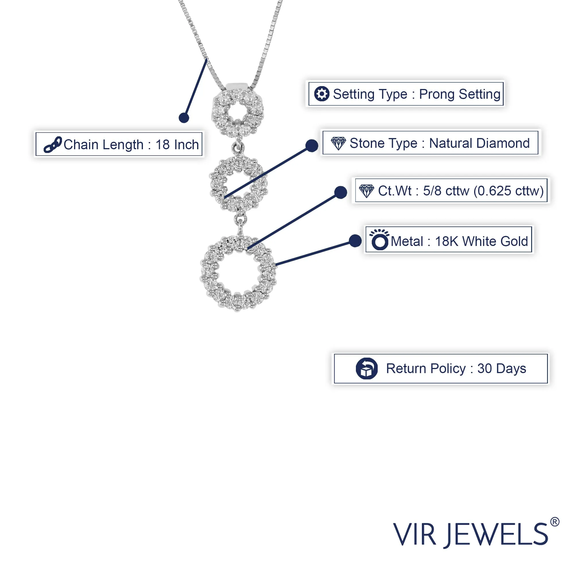 Three Circle Diamond Pendant Necklace in 18K White Gold