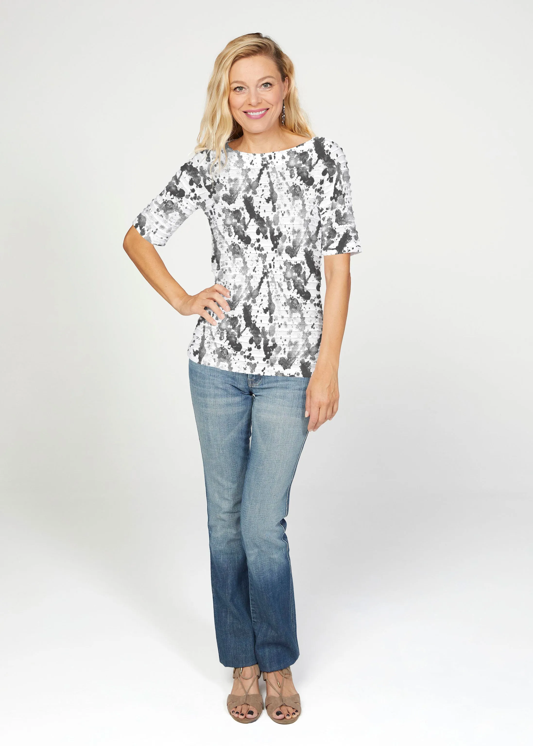 Trixie (8057) ~ Banded Elbow Sleeve Boat Neck Top