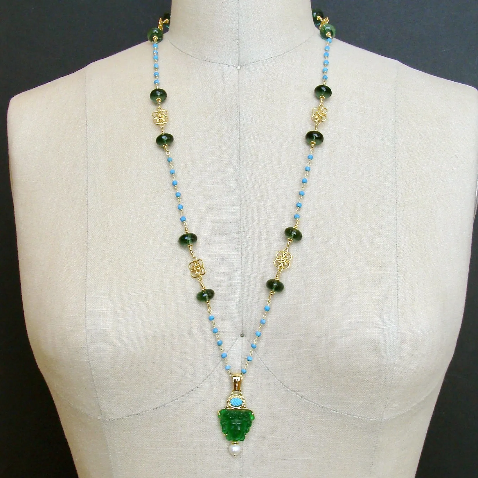 Venetian Glass Medusa Green Quartz Turquoise Necklace - Medusa Necklace