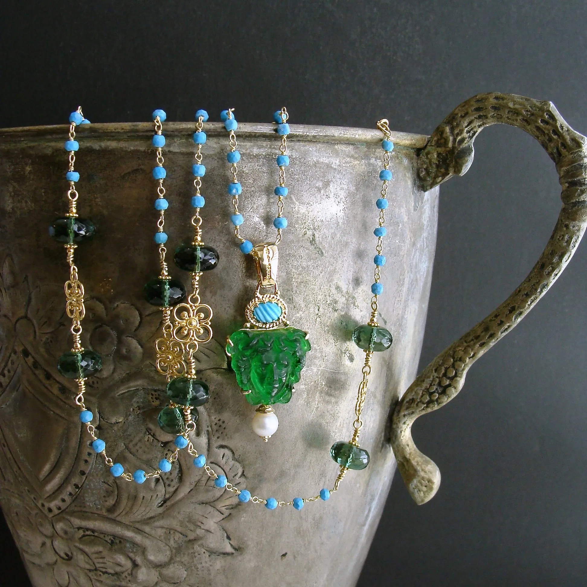 Venetian Glass Medusa Green Quartz Turquoise Necklace - Medusa Necklace