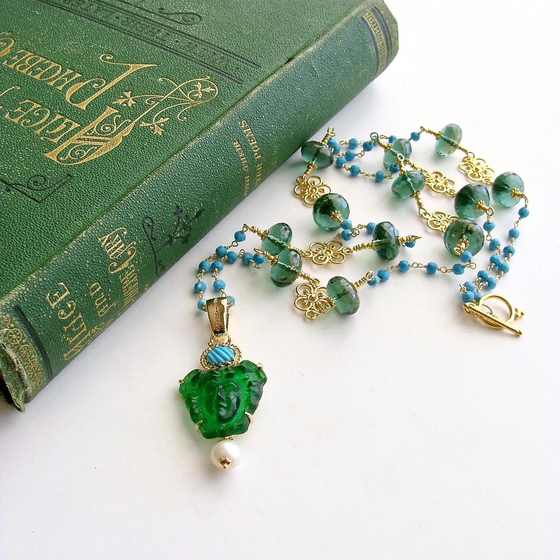 Venetian Glass Medusa Green Quartz Turquoise Necklace - Medusa Necklace