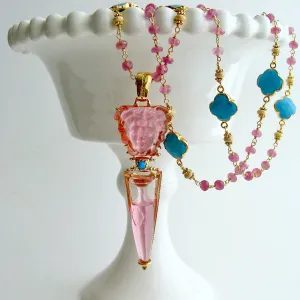 Venetian Glass Medusa Intaglio Cameo Pink Sapphire Turquoise Quatrefoil Necklace - Medusa Urn Necklace