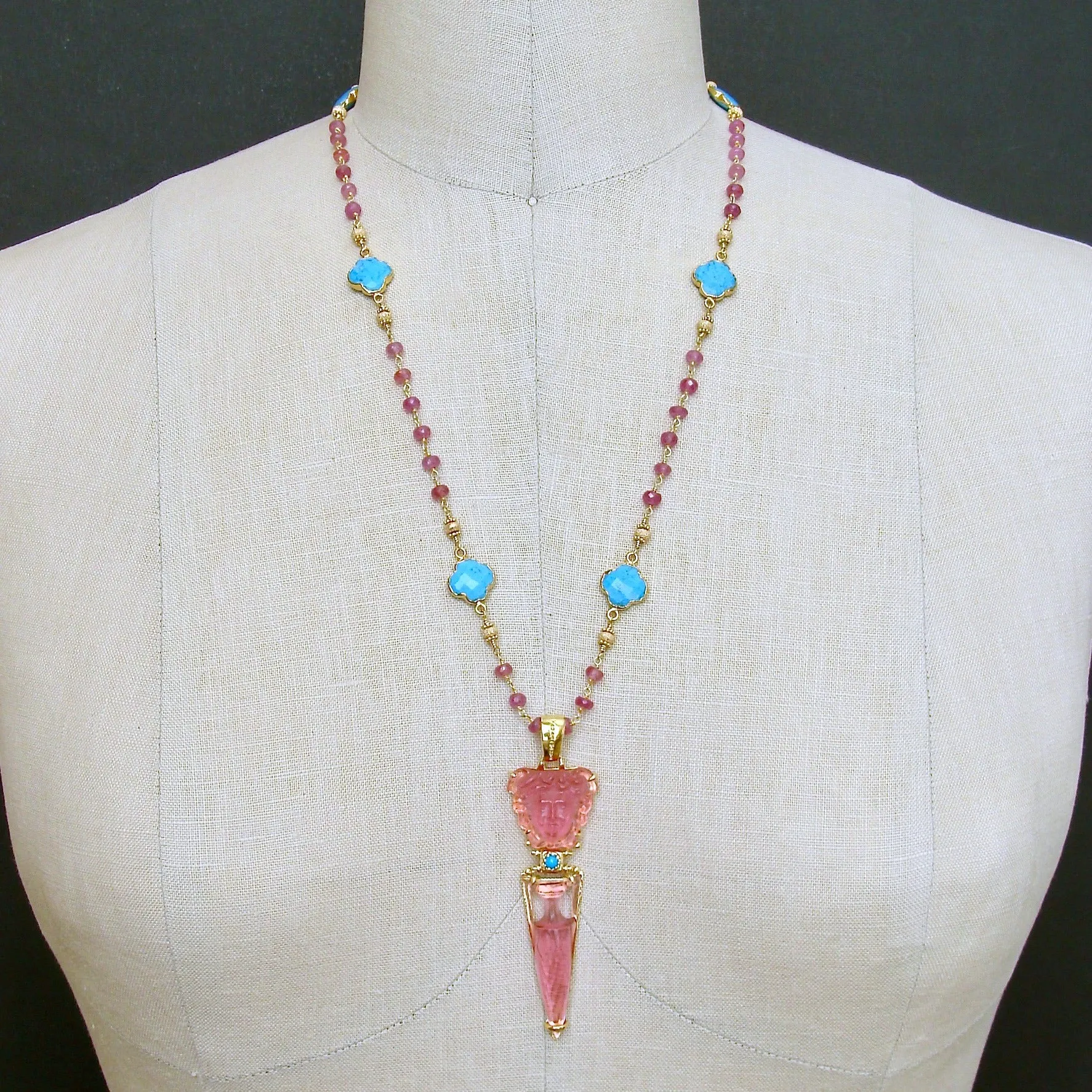 Venetian Glass Medusa Intaglio Cameo Pink Sapphire Turquoise Quatrefoil Necklace - Medusa Urn Necklace