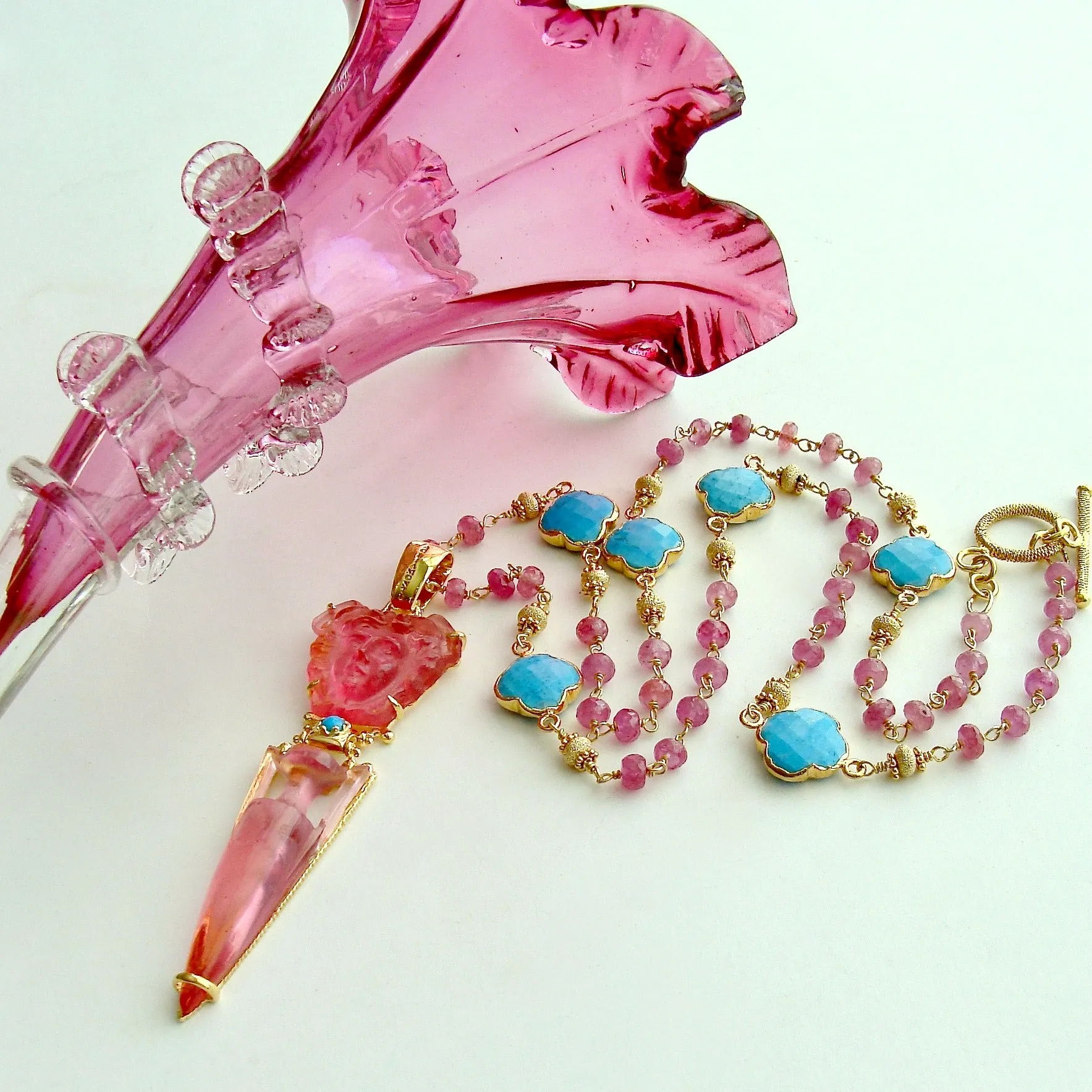 Venetian Glass Medusa Intaglio Cameo Pink Sapphire Turquoise Quatrefoil Necklace - Medusa Urn Necklace