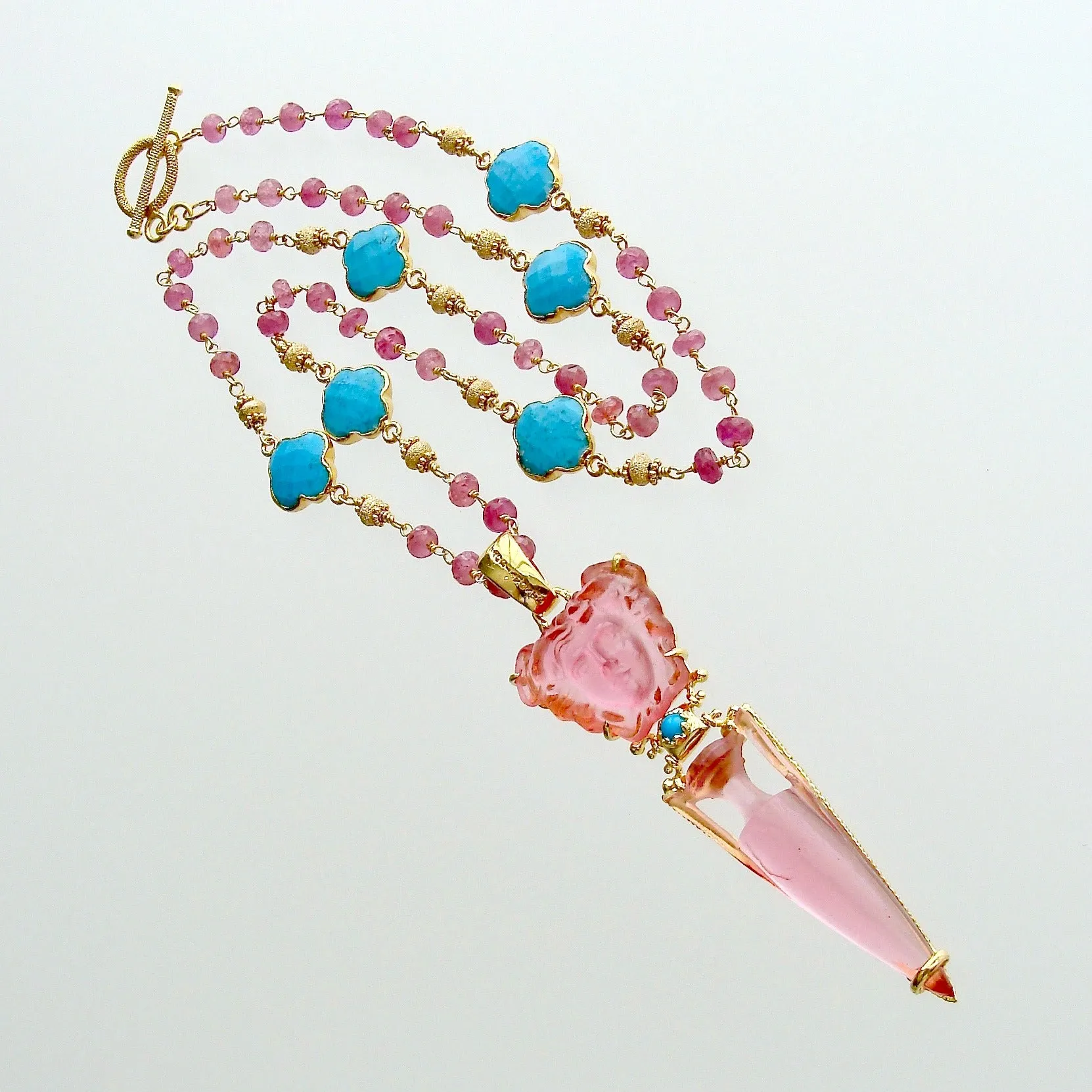 Venetian Glass Medusa Intaglio Cameo Pink Sapphire Turquoise Quatrefoil Necklace - Medusa Urn Necklace