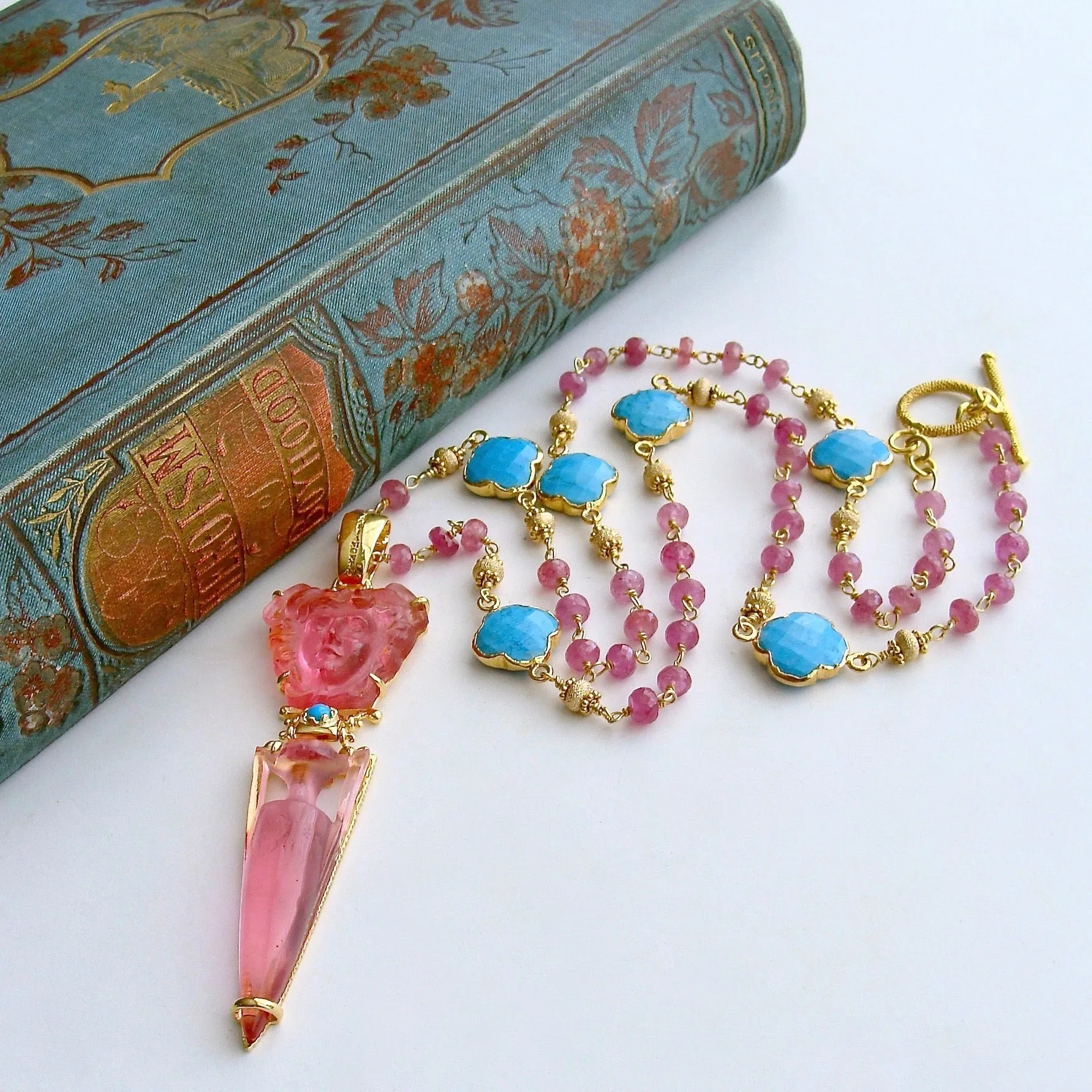 Venetian Glass Medusa Intaglio Cameo Pink Sapphire Turquoise Quatrefoil Necklace - Medusa Urn Necklace