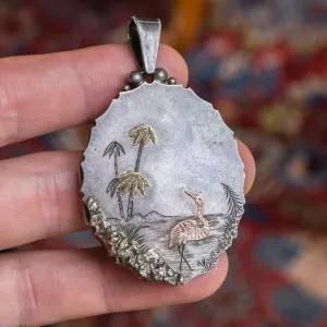 Victorian Aesthetic Movement "Stork & Palms" Silver Locket