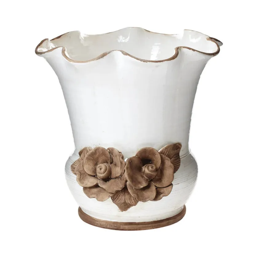 Vietri Rustic Garden White Scalloped Planter with Flowers