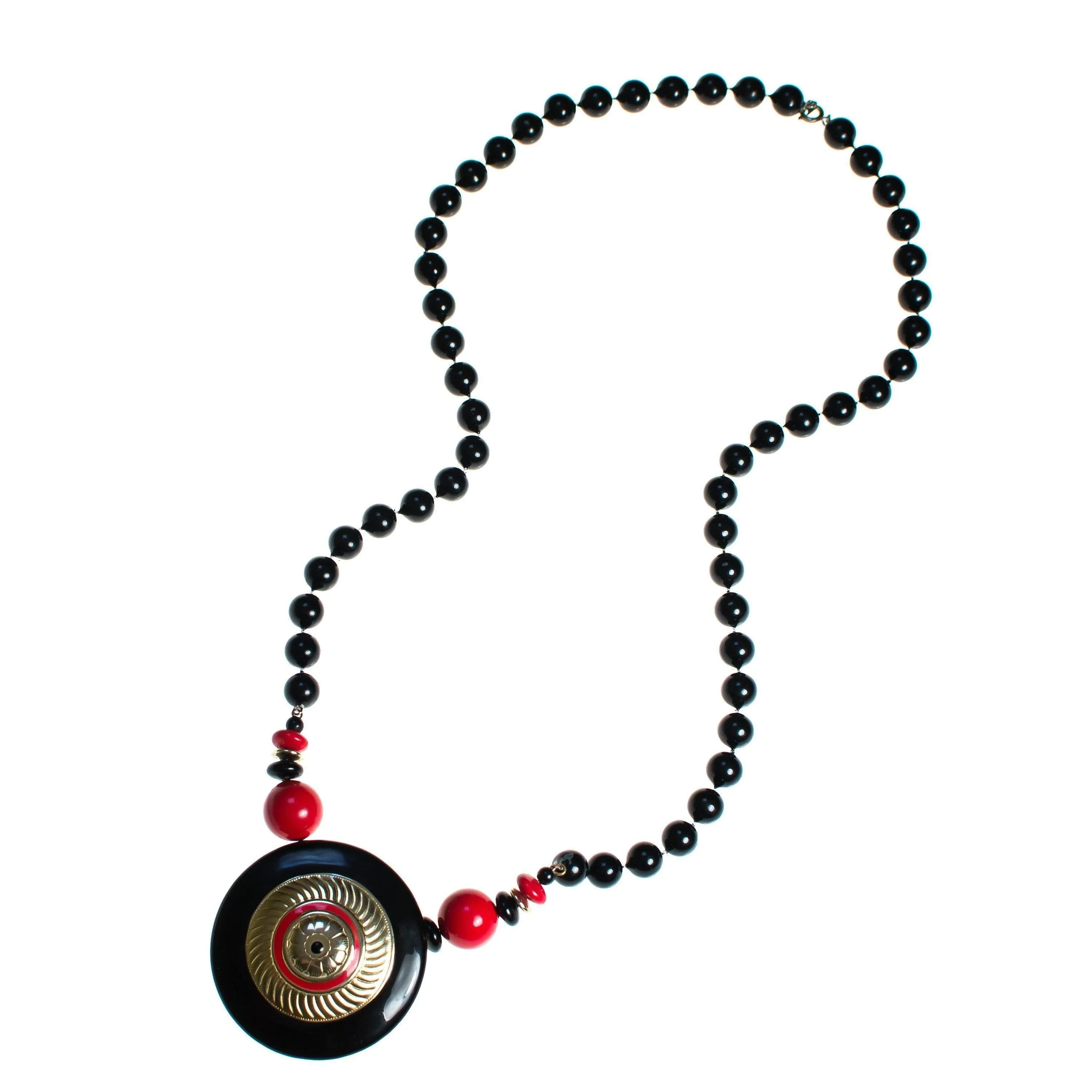 Vintage 1970s Black Gold and Red Medallion Necklace