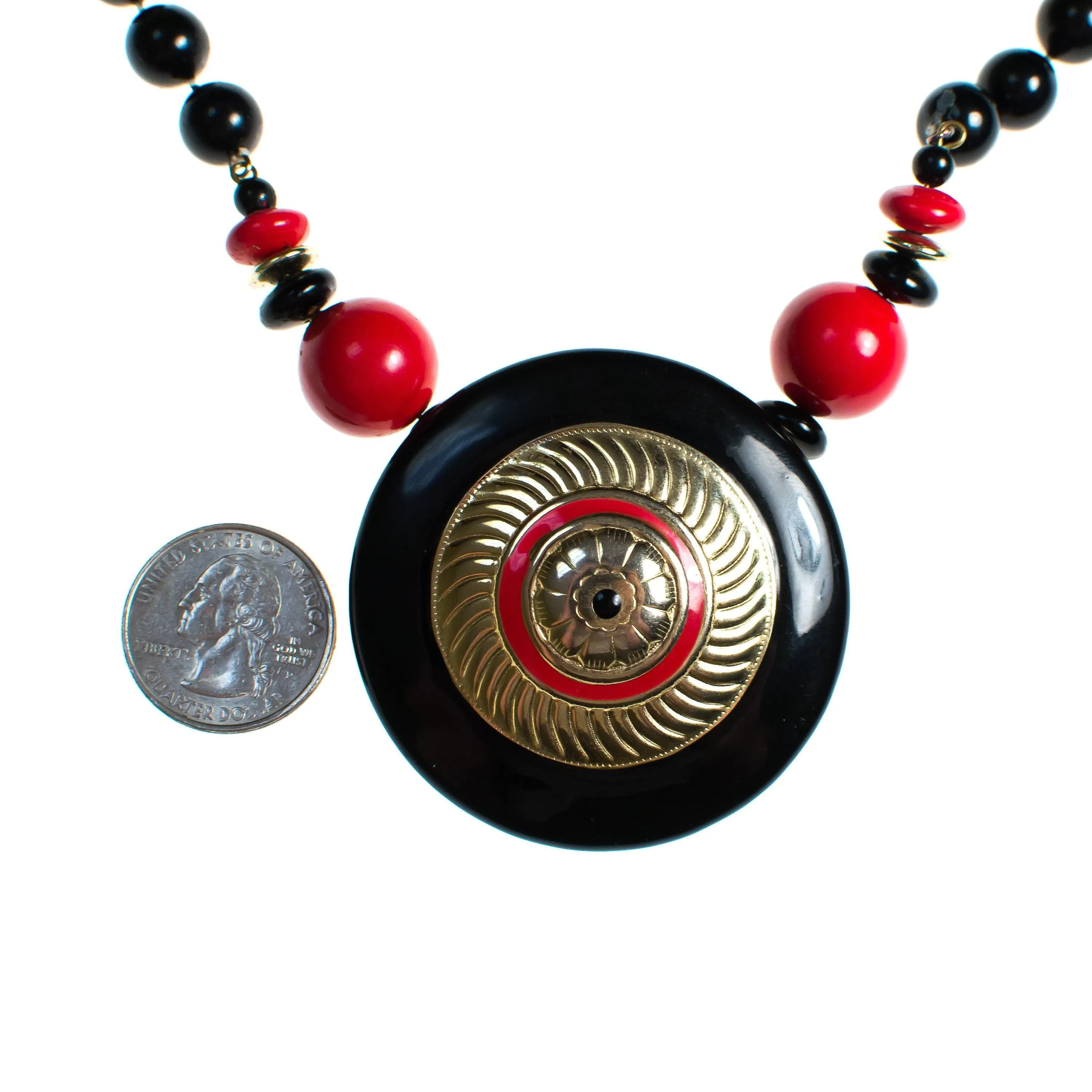 Vintage 1970s Black Gold and Red Medallion Necklace
