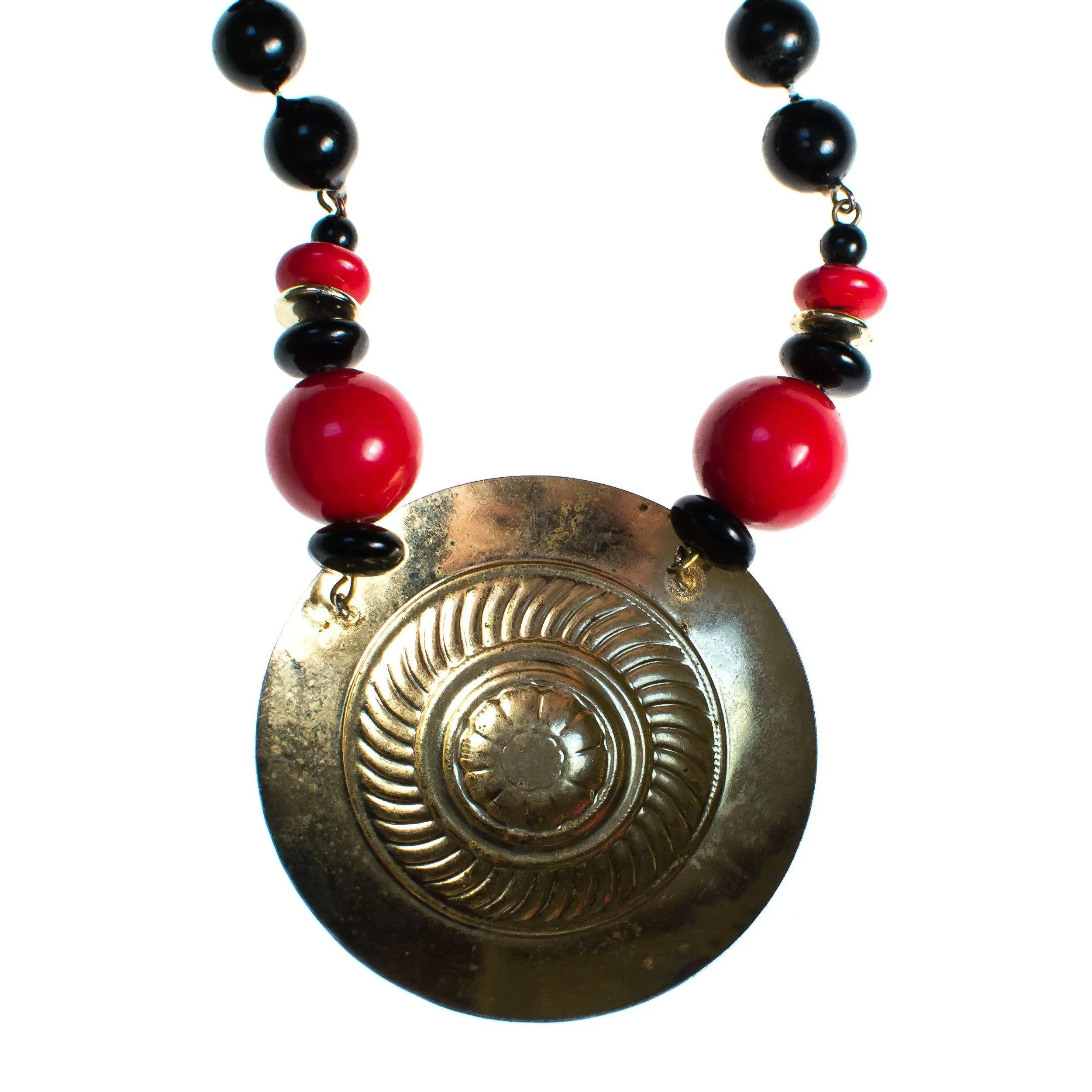 Vintage 1970s Black Gold and Red Medallion Necklace
