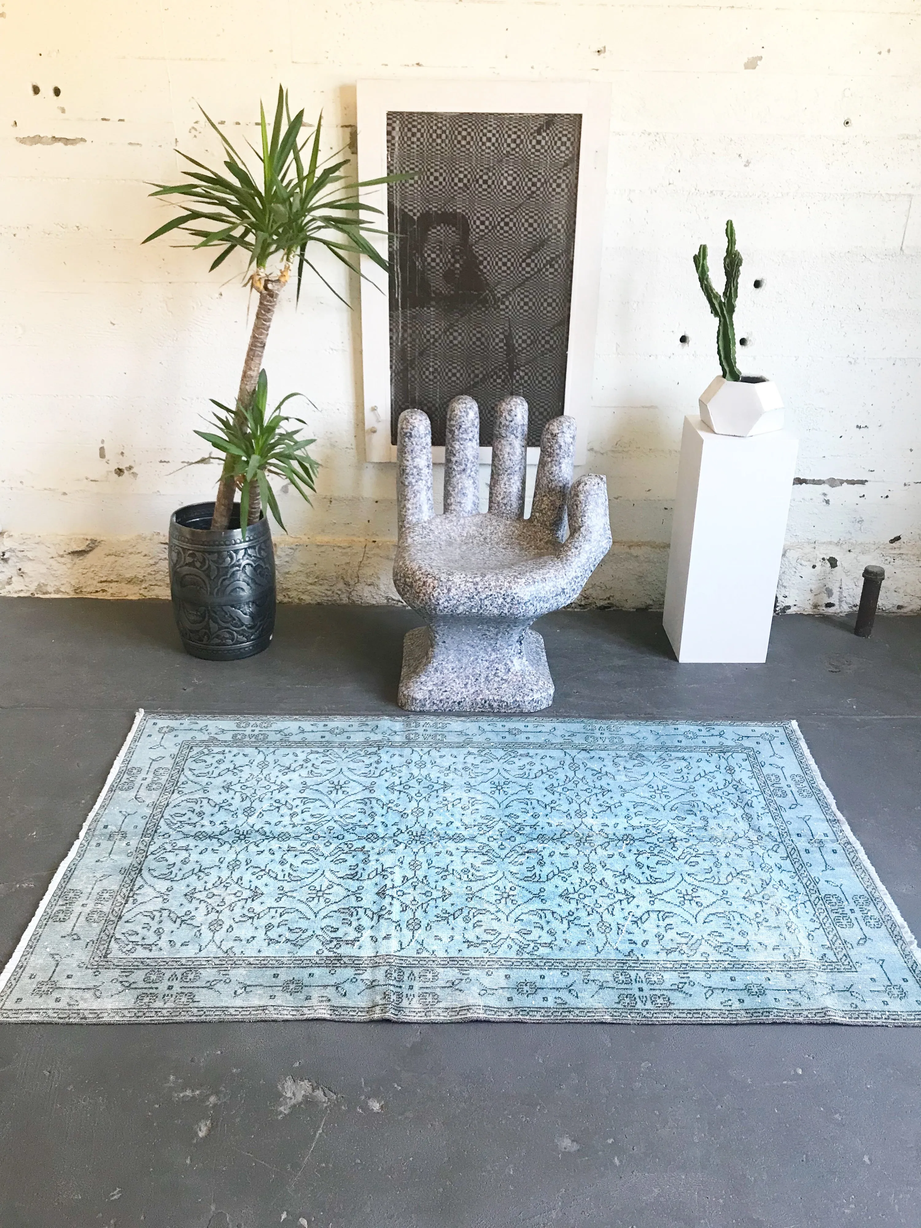 Vintage Overdyed Isparta Rug in Light Blue 4ftx6.8ft
